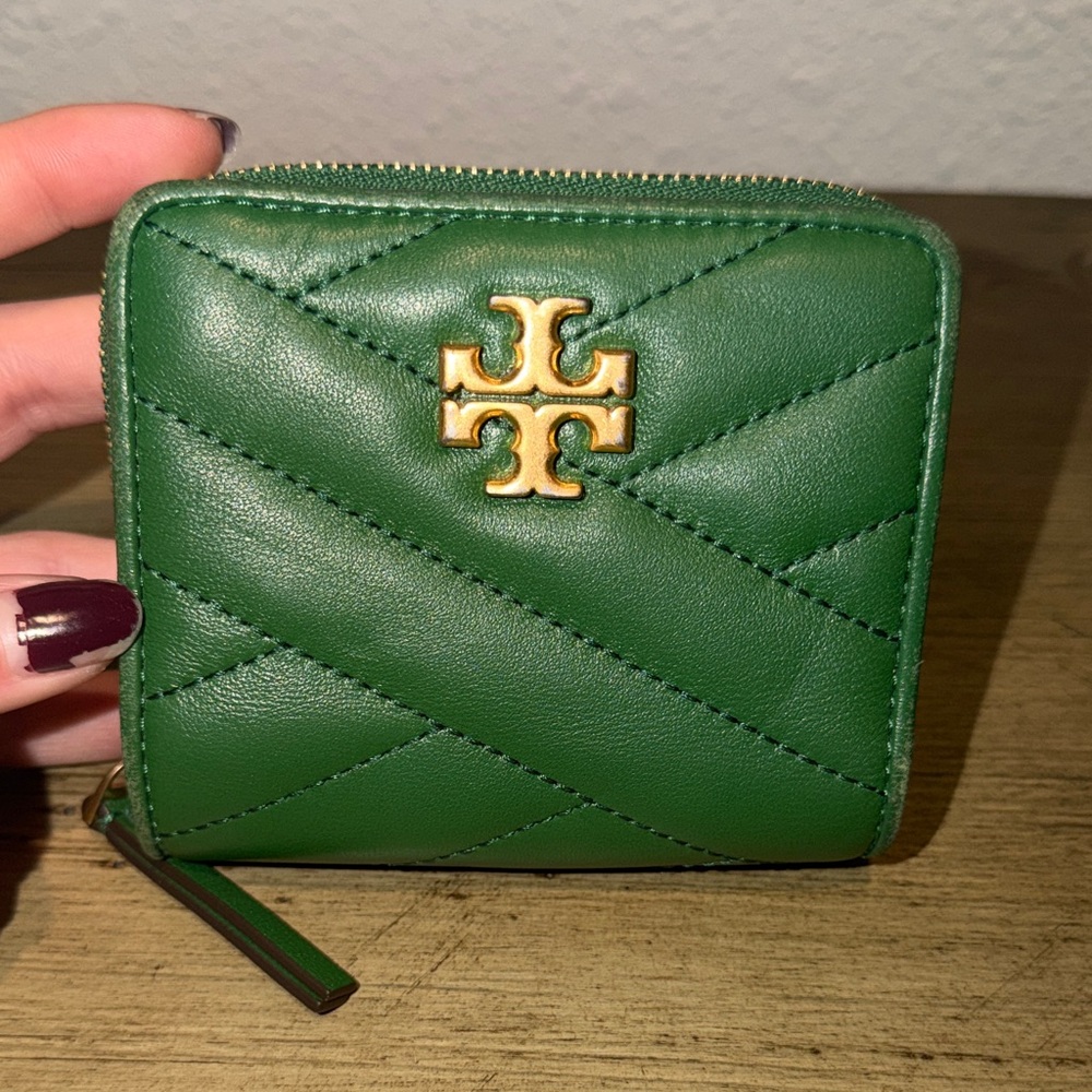 Tory Burch Quilted Green Wallet with Gold Logo